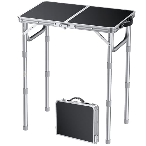 FUNYKICH Campingtisch Klapptisch 58x40cm, Faltbarer Grilltisch mit 3 Höhen Verstellbarer(26/48/70cm), Aluminium Tragbar Falttisch, MDF Platten Multifunktionstisch für Picknick Camping Balkon - Silber von FUNYKICH