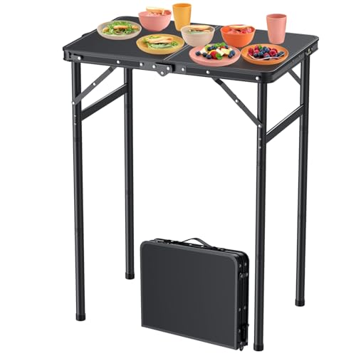 FUNYKICH Campingtisch Klapptisch 58x40cm, Faltbarer Grilltisch mit 3 Höhen Verstellbarer(27/51/75cm), Aluminium Tragbar Falttisch, MDF Platten Multifunktionstisch für Picknick Camping Balkon - Schwarz von FUNYKICH
