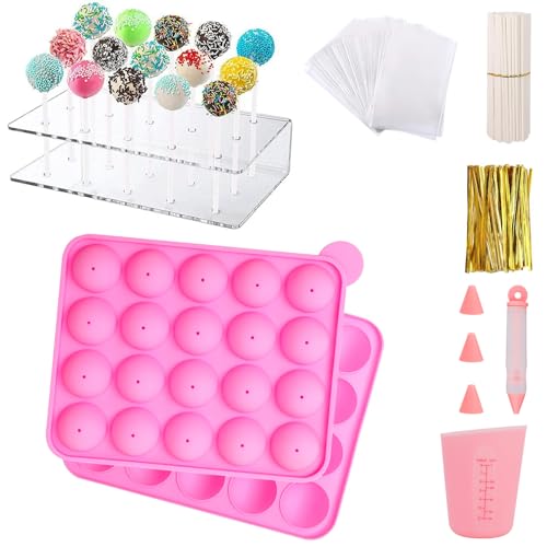 FUOBECIE 300 Stück Cake Pop Stiele Set, 100 Süßigkeiten Tüten 100 Lollipop Sticks mit 100 Twist Ties Cake Pop Formen Set Cake Pop Silikonform Lollipop Maker Sticks von FUOBECIE