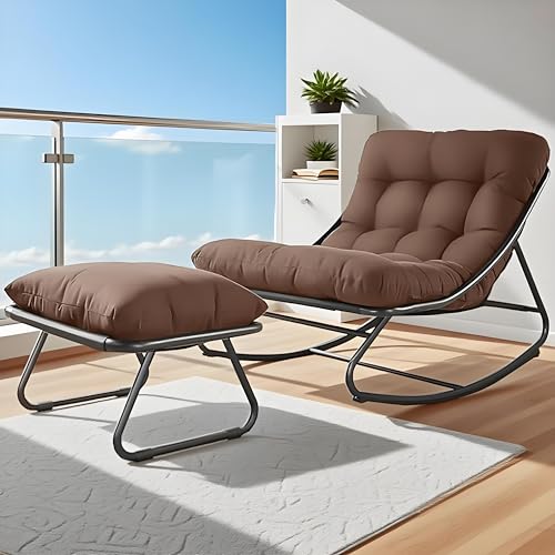 Schaukelstuhl mit Hocker, Schaukelsessel für Drinnen Draußen, Wohnzimmer Relaxstuhl, Lesesessel Schaukelstühle mit Gepolsterter, Bis 150kg, Schwingsessel für Garten, Hof, Terrasse, Veranda (Braun) von FUOIDYE