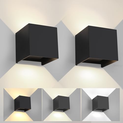 2 Stück Wandleuchte Aussen Innen Einstellbare 3 Lichtfarben LED Wandlampe Aussen Außenwandleuchten Modern Schwarz 12W IP65 Wasserdicht quadratisch Aluminium Wandleuchte Passen Sie den Lichtwinkel von FUPE