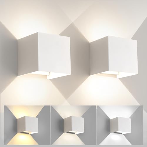 2 Stück Wandleuchte Aussen Innen Einstellbare 3 Lichtfarben LED Wandlampe Aussen Außenwandleuchten Modern Weiß 15W IP65 Wasserdicht Aluminium Wandleuchte Passen Sie den Lichtwinkel Quadratisch 11CM von FUPE