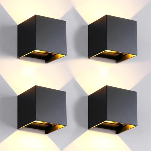 4 Stück Wandleuchte Aussen Innen Einstellbare 3 Lichtfarben LED Wandlampe Aussen Außenwandleuchten Modern Schwarz 15W IP65 Wasserdicht Aluminium Wandleuchte Passen Sie den Lichtwinkel Quadratisch 11CM von FUPE