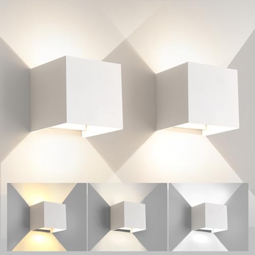 FUPE 2 Stück Wandleuchte Aussen Innen Einstellbare 3 Lichtfarben LED Wandlampe Aussen Außenwandleuchten Modern Weiß 12W IP65 Wasserdicht quadratisch Aluminium Wandleuchte Passen Sie den Lichtwinkel von FUPE