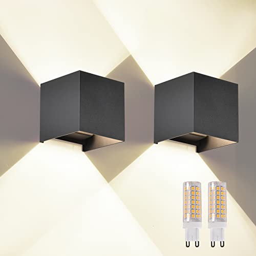 FUPE 2 Stück Wandleuchte Aussen Innen LED G9 Austauschbarer Lampe Wandlampe Aussen Außenwandleuchten Modern Schwarz 4000K IP65 Wasserdicht quadratisch Aluminium Wandleuchte Passen Sie den Lichtwinkel von FUPE