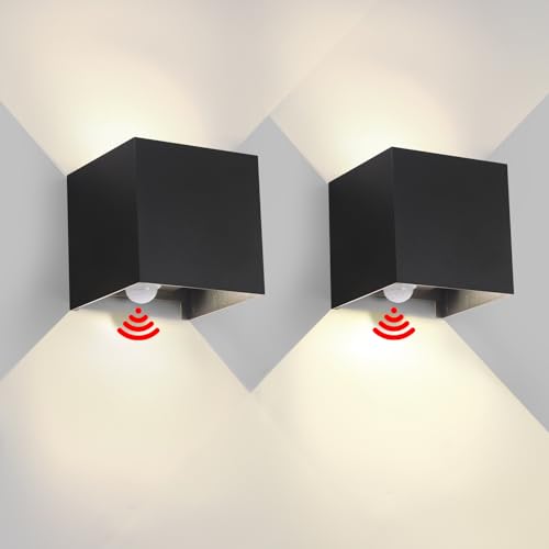 FUPE 2 Stück Wandleuchte Aussen Innen mit Bewegungsmelder Lichtsensor LED Wandlampe Aussen Außenwandleuchten Modern Schwarz 12W 4000K IP65 Wasserdicht quadratisch Aluminium Passen Sie den Lichtwinkel von FUPE
