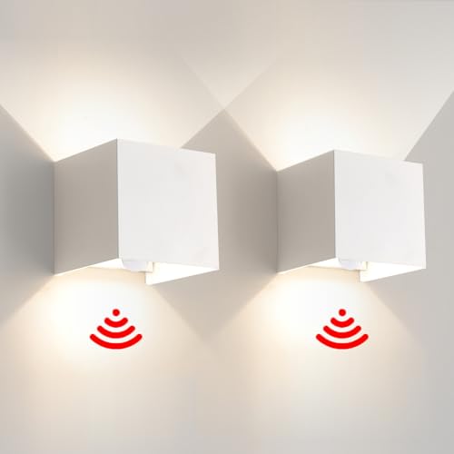 FUPE 2 Stück Wandleuchte Aussen Innen mit Bewegungsmelder Lichtsensor LED Wandlampe Aussen Außenwandleuchten Modern Weiß 12W 4000K IP65 Wasserdicht quadratisch Aluminium Passen Sie den Lichtwinkel von FUPE
