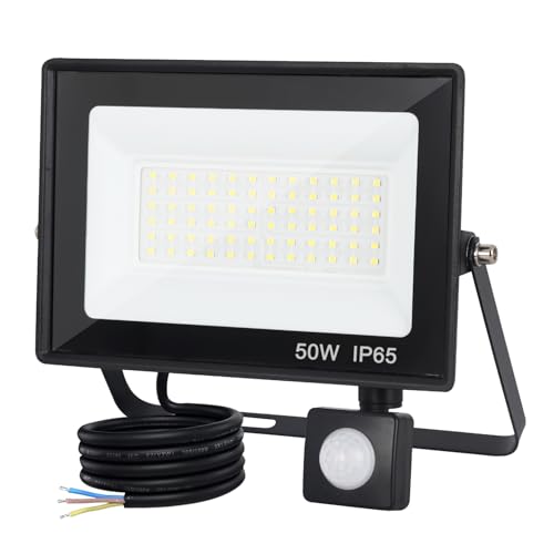 LED Strahler mit Bewegungsmelder außen 50W 5000LM Außenstrahler 6500K Kaltweiß Fluter Superhell Scheinwerfer IP65 Wasserdichter Schwarz Aluminium Strahler Außen mit Lichtsensor 3 Beleuchtungsmodi von FUPE