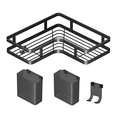 FURANY Duschregal Ecke Schwarz – 5er Set Wandregal Ohne Bohren, Duschablage mit Haken & Becher, Selbstklebend, Rostfrei, Ideal für Badezimmer & mehr (Schwarz) von FURANY