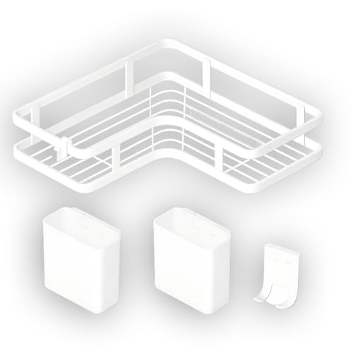 FURANY Duschregal Ecke Schwarz – 5er Set Wandregal Ohne Bohren, Duschablage mit Haken & Becher, Selbstklebend, Rostfrei, Ideal für Badezimmer & mehr (Weiß) von FURANY