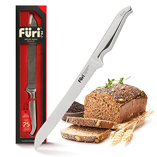 FURI Pro Brotmesser, aus rostfreiem japanischem Edelstahl, langes Brötchenmesser mit Wellenschliff zum leichten Schneiden von Brot, Brötchen und Co, Klingenlänge: 20 cm von FURI