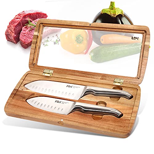 FURI Pro Santokumesser Set mit Geschenkbox, 3-tlg., Küchenmesser aus japanischem Edelstahl, hochwertige Box aus Akazienholz zur Aufbewahrung, Klingenlänge der Messer: 13 & 17 cm von FURI