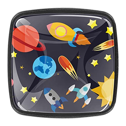 4er-Pack quadratische Schrankknäufe Cartoon-Weltraum Raumschiff Rakete Planet von FURINKAZAN