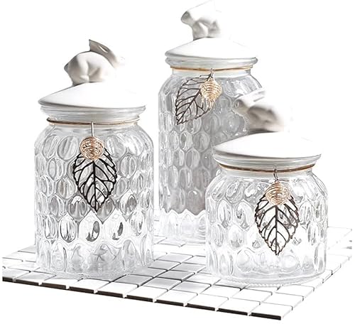 FURLOU Glasgefäß mit Keramik-Hasendeckel, luftdichte Küchenkanister, transparente Vorratsbehälter für Süßigkeiten oder Tee von 1/3 Gläsern(Size:3 Piece Set) von FURLOU