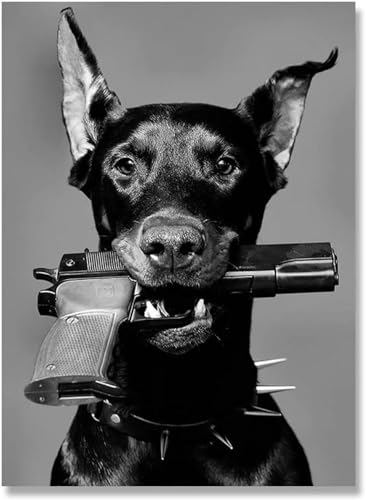 FURLOU Modernes Schwarz-Weiß-Dobermann-Waffen-Luxus-Mode-Poster und Drucke, Leinwandgemälde, Wandkunst, Bild, Raumdekoration, 50 x 70 cm, ohne Rahmen von FURLOU