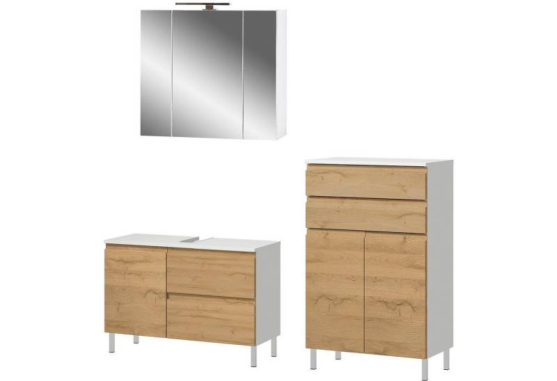 FURNARO Badezimmer-Set, (3-St), Waschbeckenunterschrank Kommode Spiegelschrank 155x190x34 cm von FURNARO