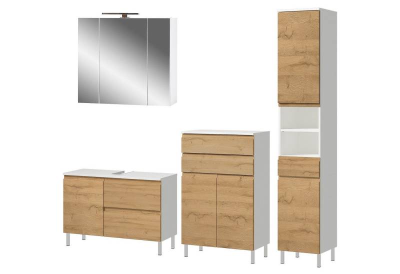 FURNARO Badezimmer-Set, (4-St), Waschbeckenunterschrank Kommode Hochschrank Spiegelschrank 204x190x34 von FURNARO