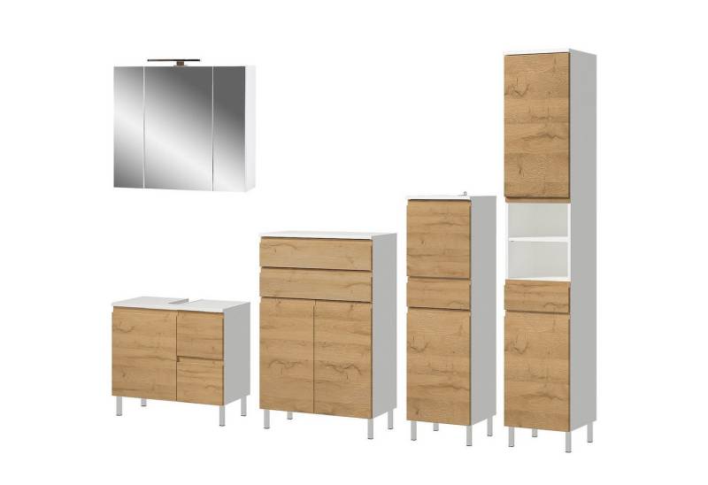 FURNARO Badezimmer-Set, (5-St), WB-Unterschrank Kommode Schrank Hochschrank Spiegelschrank 233x190x34 von FURNARO