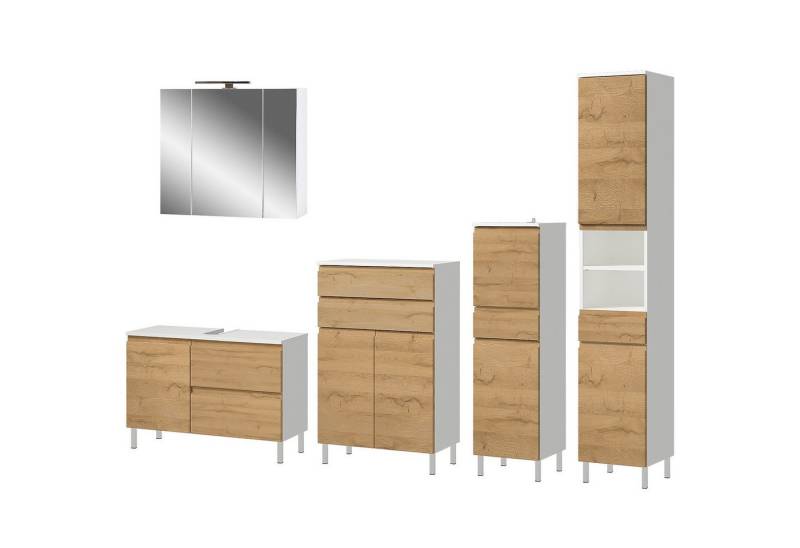 FURNARO Badezimmer-Set, (5-St), WB-Unterschrank Kommode Schrank Hochschrank Spiegelschrank 253x190x34 von FURNARO