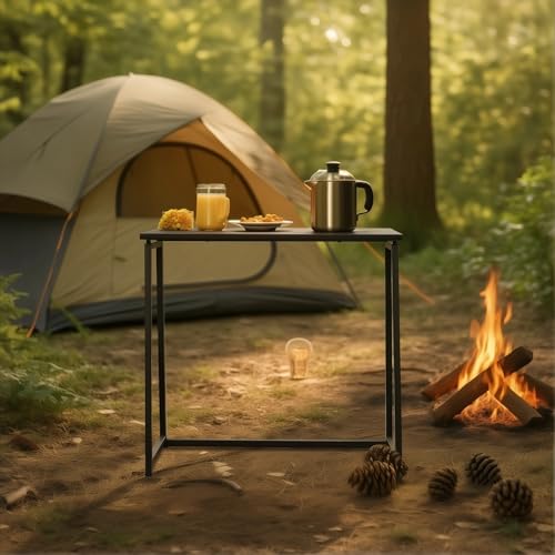 FURNISH 1 Campingtisch zusammenklappbar mit schwarzem Metallrahmen, leicht, für Outdoor-Camping, kompakter Tisch, faltbar, aus schwarzem Holz, langlebig, für die Mahlzeiten auf Reisen von FURNISH 1