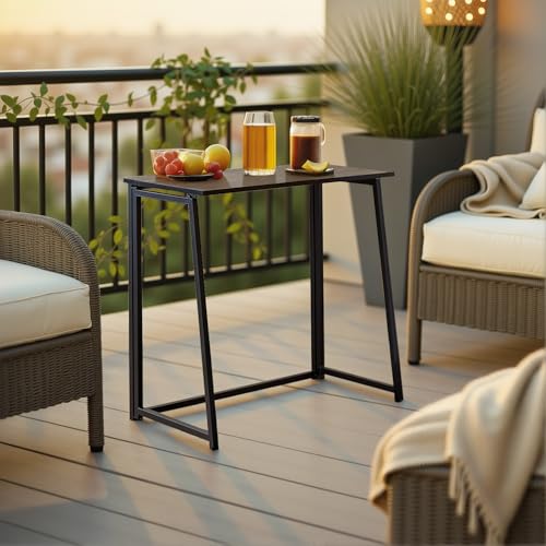 FURNISH 1 Klappbarer Balkontisch aus langlebigem Holz und schwarzem Metallrahmen für Terrasse, Außenbereich, Bar, Party, Klapptisch, kompakt, im industriellen Design, für Balkon, Mahlzeiten, Getränke von FURNISH 1
