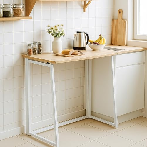 FURNISH 1 Klappbarer Bartisch aus Eichenholz und weißem Metall für Zuhause, Küche, Bar, kleine Räume, klappbarer Tisch zum Servieren von Getränken und Frühstück von FURNISH 1