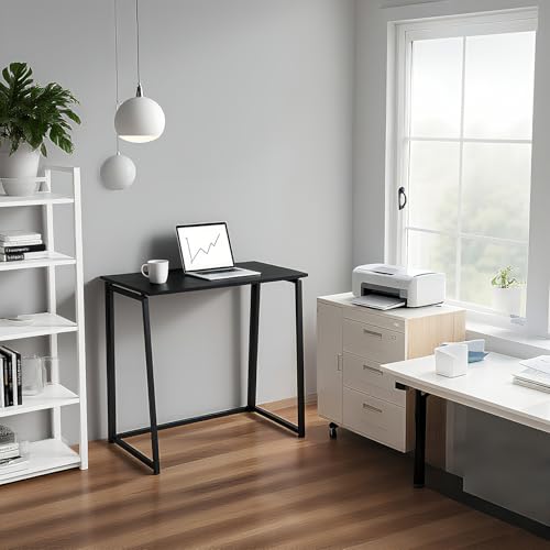 FURNISH 1 Klappbarer Bürotisch im Industriestil, für die Arbeit am Computer, kompakter Arbeitsplatz, aus schwarzem Holz und Metall, für kleinen Raum im Büro zu Hause von FURNISH 1