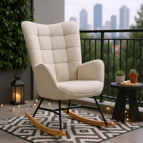 FURNISH 1 Schaukelstuhl für Entspannung im Freien, Füße aus Metall und Holz, skandinavischer Schaukelstuhl aus beigem Stoff mit Rückenlehne und Armlehnen, ideal für die Freizeit im Freien von FURNISH 1