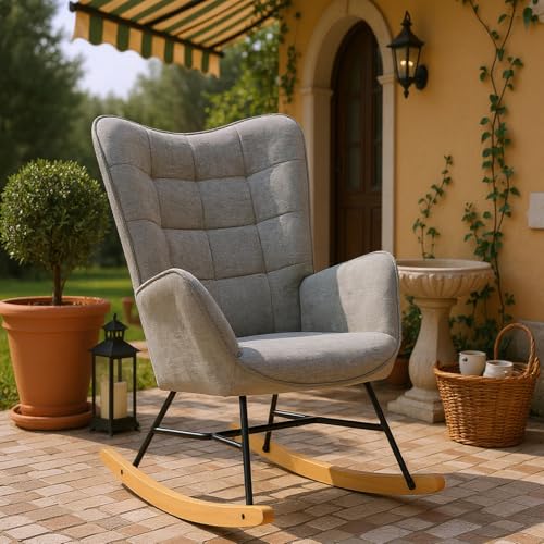 FURNISH 1 Schaukelstuhl für Entspannung im Freien, Füße aus Metall und Holz, skandinavischer Schaukelstuhl aus grauem Stoff, mit Rückenlehne und Armlehnen, ideal für die Freizeit im Freien von FURNISH 1