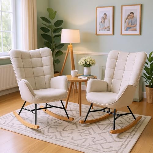 FURNISH 1 Schaukelstuhl für Krankenpflege zu Hause mit dicker Rückenlehne, Schaukelstuhl, Beige, für Seniorenheime, gestepptes Design für Entspannung, Füße aus robustem Metall und Holz von FURNISH 1