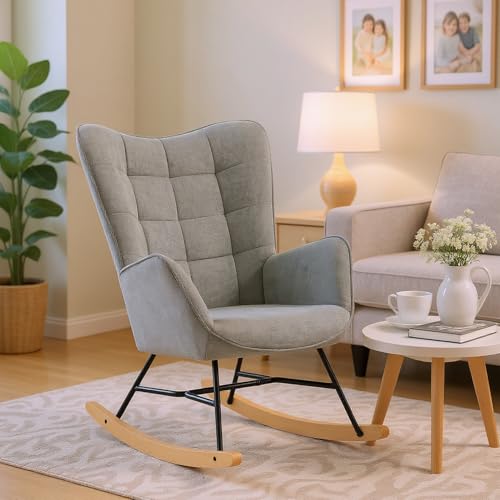 FURNISH 1 Schaukelstuhl für Krankenpflege zu Hause mit dicker Rückenlehne, Schaukelstuhl, Grau, für Seniorenhäuser, gestepptes Design für Entspannung, Füße aus robustem Metall und Holz von FURNISH 1