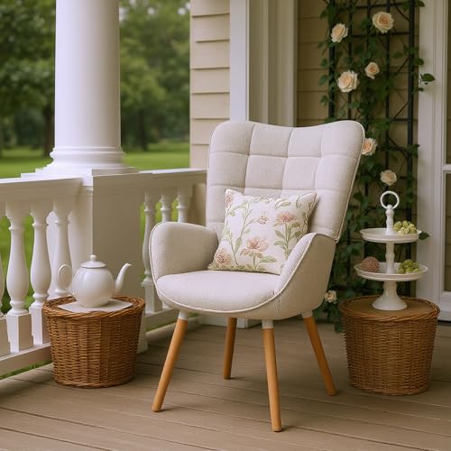 FURNISH 1 Sessel, Beige, mit bequemer Sitzfläche und dicker Rückenlehne, für Garten, Außenbereich, Sessel aus langlebigem Stoff, gestepptes Design mit Beinen aus Massivholz, für Terrasse von FURNISH 1