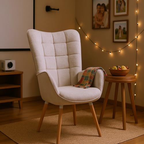 FURNISH 1 Sessel, Beige, mit bequemer gepolsterter Sitzfläche und dicker Rückenlehne, für Heimkino, Sessel aus gestepptem Stoff mit Beinen aus Holz, für Multimedia-Zimmer zu Hause, Abendkino, einfach von FURNISH 1