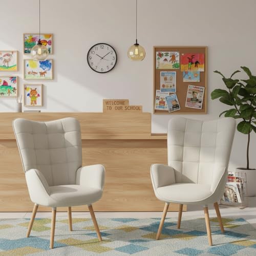 FURNISH 1 Sessel in Beige mit bequemer gepolsterter Sitzfläche und dicker Rückenlehne für den Empfang zu Hause, Sessel aus langlebigem Stoff mit Holzfuß für Eingangshallen von Schulen von FURNISH 1