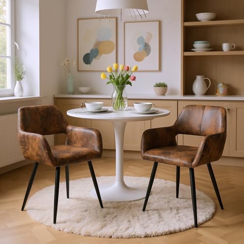 FURNISH 1 Set mit 2 Küchenstühlen, braun, aus Wildlederimitat, mit Armlehnen, Esszimmerstuhl im Industrie-Stil, mit Rückenlehne, Metallbeinen, für Zuhause, Esszimmerstuhl im Retro-Design von FURNISH 1