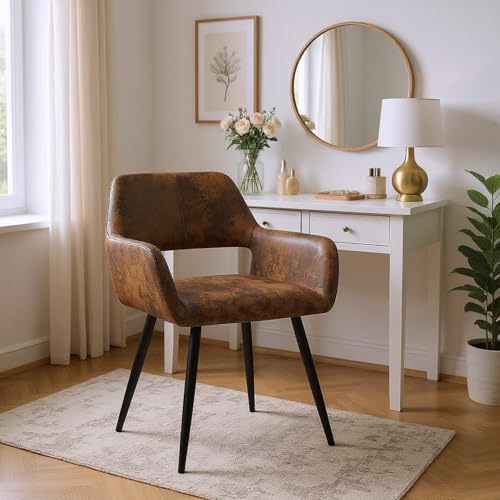 FURNISH 1 Set mit 2 braunen Toilettenstühlen mit Rückenlehne mit Armlehnen für Schlafzimmer, Vintage-Toilettenstühle aus Wildleder mit schwarzen Metallbeinen, für die tägliche Toilette zu Hause FURNISH 1 Set mit 2 braunen Toilettenstühlen mit Rückenlehne mit Armlehnen für Schlafzimmer, Vintage-Toilettenstühle aus Wildleder mit schwarzen Metallbeinen, für die tägliche Toilette zu Hause von FURNISH 1
