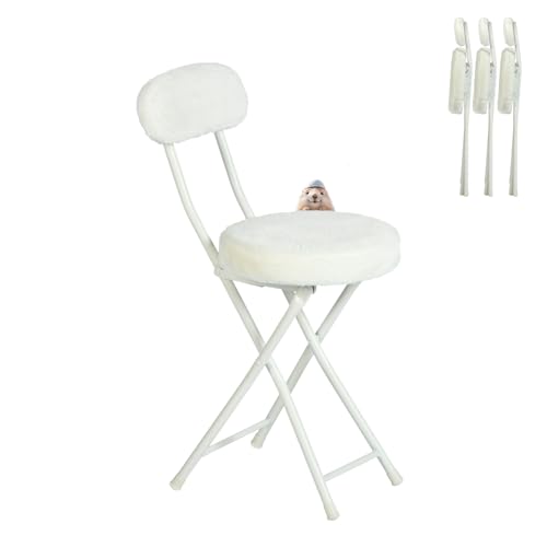 FURNISH 1 Set mit 4 Klappstühlen, weiß, mit runder Sitzfläche, für Wohnzimmer, Kissen aus Pelz, Klapphocker mit Rückenlehne, Fußstütze im skandinavischen Stil, Sitzhöhe 49 cm von FURNISH 1