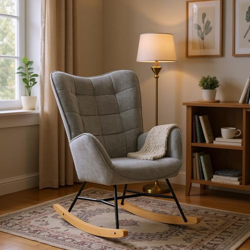 FURNISH 1 Skandinavischer Schaukelstuhl für Leseecke mit bequemer Rückenlehne, aus grauem Stoff, skandinavischer Schaukelstuhl mit Armlehnen, dicker Sitzfläche, Füße aus Holz und Metall in E-Form von FURNISH 1