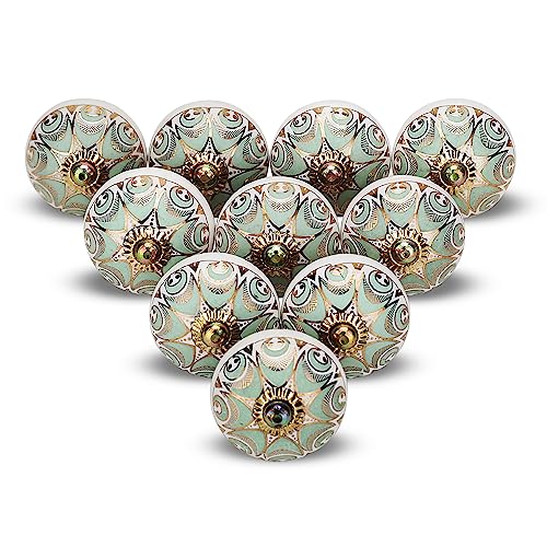 FURNISHFUL FINESSE Keramik-Türknäufe, Schrankknauf, für Küche, Kleiderschrank, Ziehgriff, Kommode, verschiedene Boho-Heimdekoration – Grüngold, (4 Stück) von FURNISHFUL FINESSE