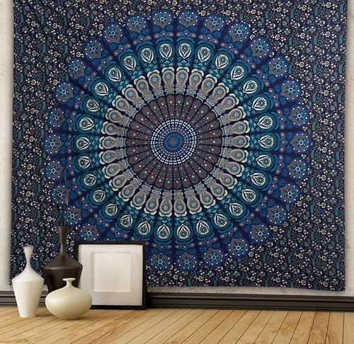 FURNISHFUL FINESSE Mandala Wandteppich Marineblau Wandbehang Wandteppiche Boho Pfau Wandtuch für Dekor Zuhause und Wohnzimmer– 137 x 213 cm von FURNISHFUL FINESSE