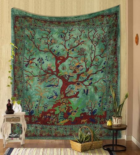 Baum des Lebens Wandteppich für Schlafzimmer, Hippie-grüner Wandbehang für Schlafzimmer, 127X152 cm indische Baumwoll-Wandteppiche, Strandüberwurf, böhmische Decke für Zuhause, Wohnzimmer, Dekoration von FURNISHFUL FINESSE