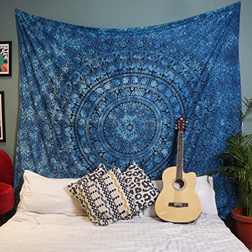 FURNISHFUL FINESSE Wandteppich für Schlafzimmer – 213 x 228 cm, Mandala-Elefant-Wandbehang, blaue indische Baumwolle, Strandüberwurf, Boho-Bohemian-Hippie-Decke für Zuhause, Wohnzimmer, Dekoration von FURNISHFUL FINESSE