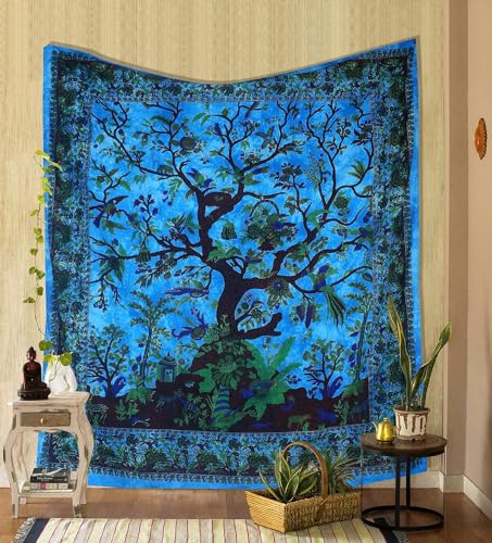 Wandteppich, Wandbehang, 137X213 cm, Mandala-Hippie-Baum des Lebens, Hippie-Wandbehang, Wandteppiche, blaue indische Baumwolle, Strandüberwurf, Boho Hippie-Decke für Heim- und Wohnzimmerdekoration von FURNISHFUL FINESSE