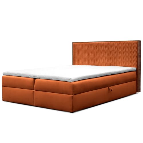 FURNISTAR Boxspringbett Forest mit Bettkästen und Topper Polsterbett Elegante Kopfstütze Bett mit Karomusterprägung Doppelbett mit Matratze Stauraum Schlafzimmer Schlafzimmermöbel (120x200 Rot) von FURNISTAR