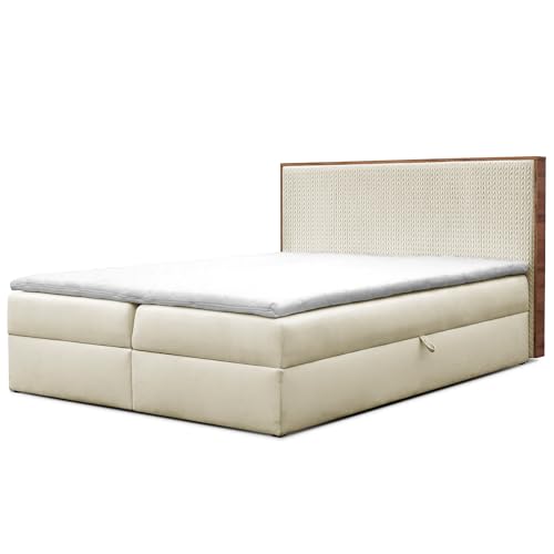 FURNISTAR Boxspringbett Forest mit Bettkästen und Topper Polsterbett Elegante Kopfstütze Bett mit Karomusterprägung Doppelbett mit Matratze Stauraum Schlafzimmer Schlafzimmermöbel (160x200 Creme) von FURNISTAR