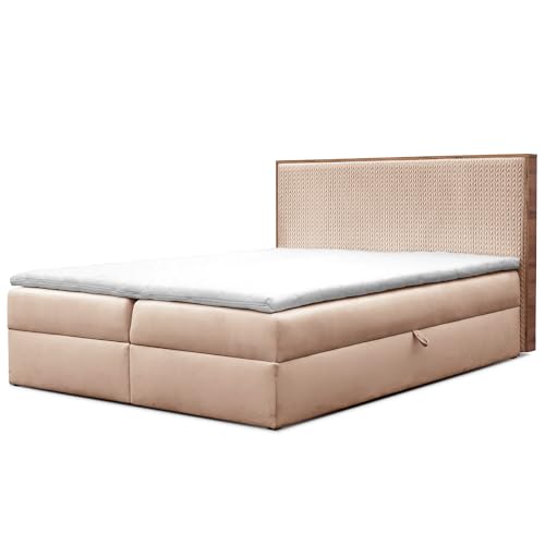 Boxspringbett Forest mit Bettkästen und Topper Polsterbett Elegante Kopfstütze Bett mit Karomusterprägung Doppelbett mit Matratze Stauraum Schlafzimmer Schlafzimmermöbel (180x200 Aprikose) von FURNISTAR