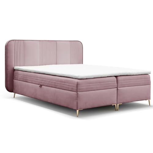 FURNISTAR Boxspringbett GINA Doppelbett mit Bonellmatratze Topper und Bettkasten Bett Glamour Polsterbett mit abgerundetem Kopfteil Modern Schlafzimmer Vintage Schlafzimmerbett (140x200 rosa) von FURNISTAR