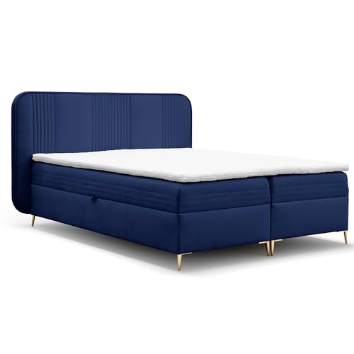 FURNISTAR Boxspringbett GINA Doppelbett mit Bonellmatratze Topper und Bettkasten Bett Glamour Polsterbett mit abgerundetem Kopfteil Modern Schlafzimmer Vintage Schlafzimmerbett (180x200 dunkelblau) von FURNISTAR