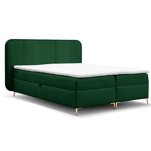 FURNISTAR Boxspringbett GINA Doppelbett mit Bonellmatratze Topper und Bettkasten Bett Glamour Polsterbett mit abgerundetem Kopfteil Modern Schlafzimmer Vintage Schlafzimmerbett (180x200 grün) von FURNISTAR