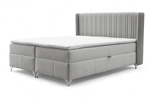 FURNISTAR Boxspringbett Maddie mit Bettkasten Bett mit Topper und Bonellmatratze Polsterbett Familienbett Schlafzimmer Bett mit Stauraum (Hellgrau, 200x200) von FURNISTAR